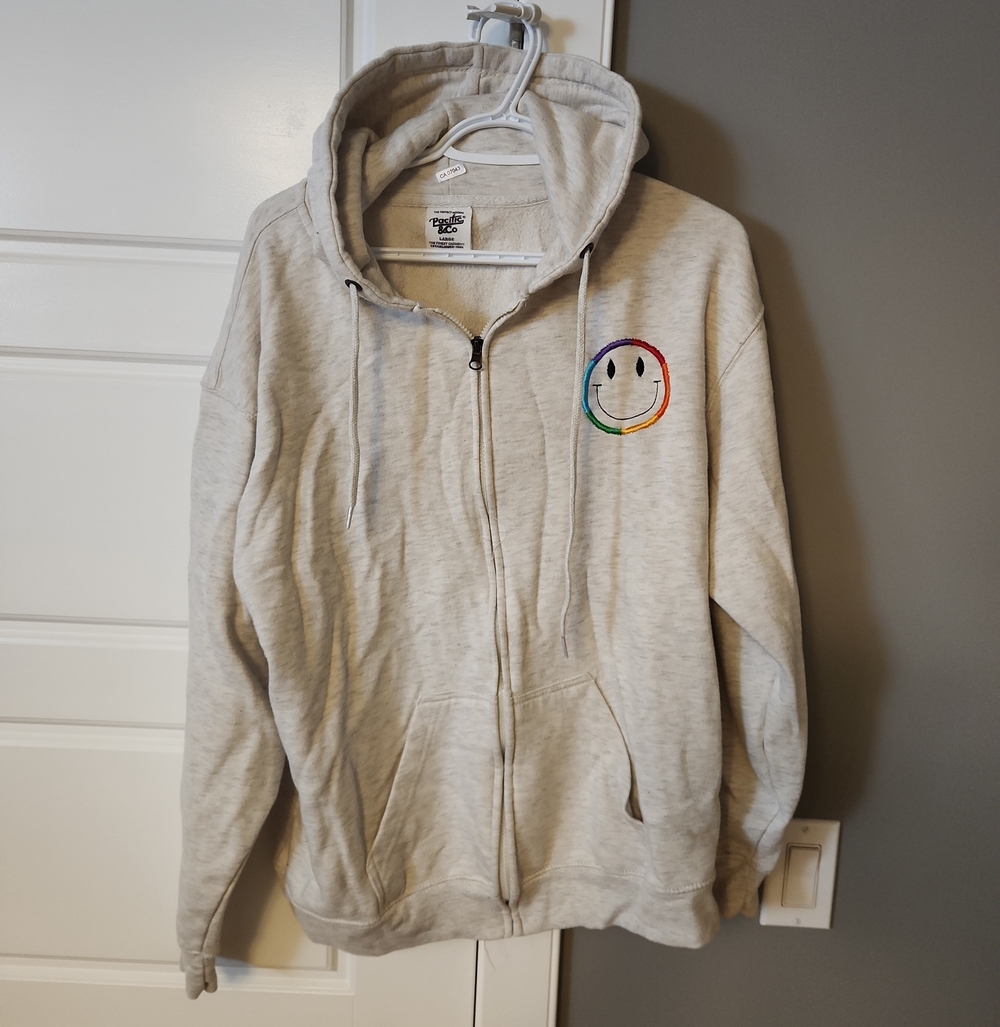 Pacific & Co Zip-Up Hoodie with Rainbow Smiley Embroidery - Light Beige